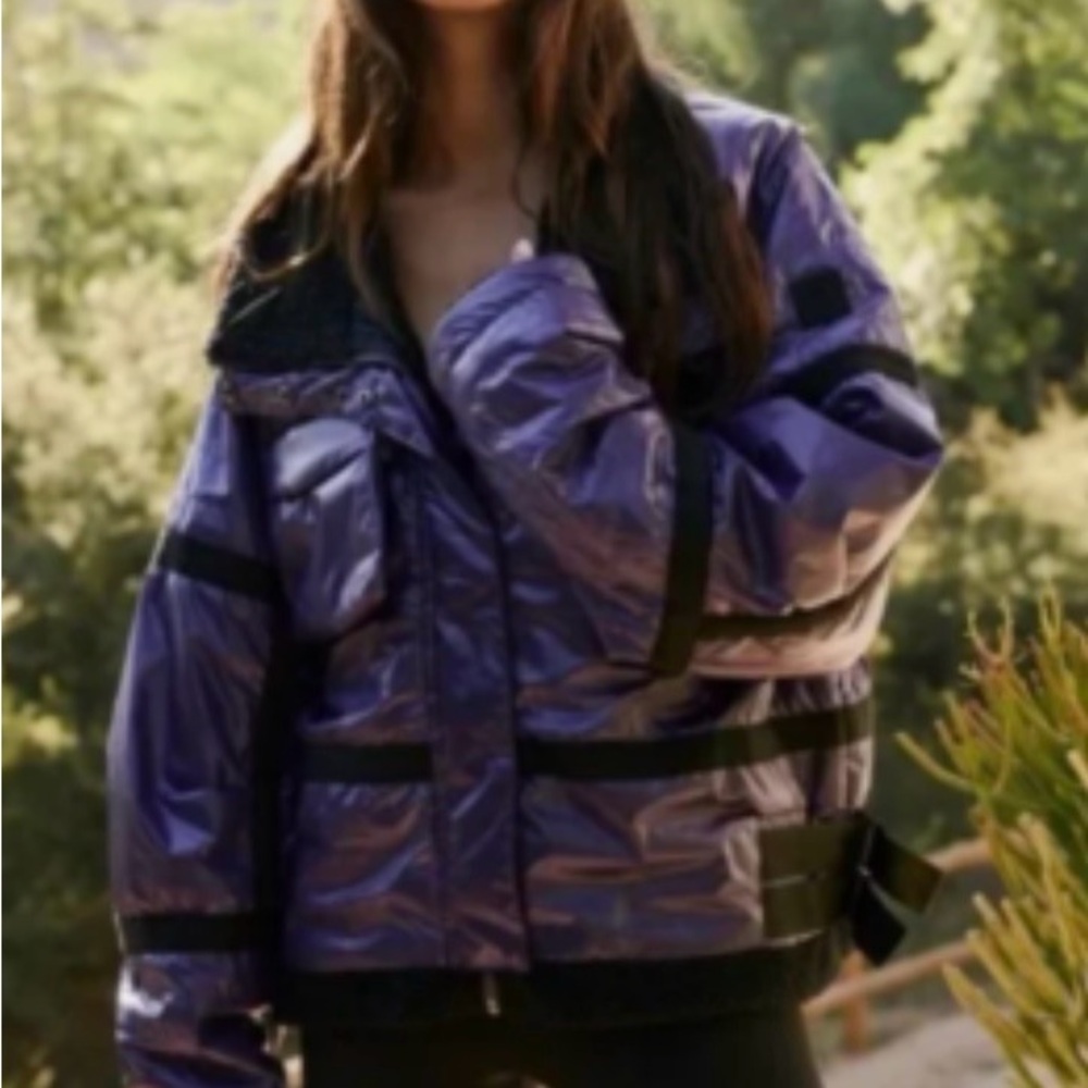 Free People Movement Vagabond Fleece Purple Black Oversized Bomber Jacket Size L